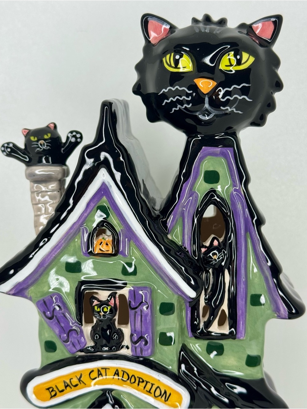 Blue Sky Halloween Black Cat Adoption Spooky Haunted House Tea Light Holder NWT - Picture 3 of 12